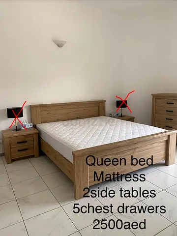 Queen Wooden Bed Frame with Mattress, 2 Side Tables  5-Drawer Chest - Light Oak