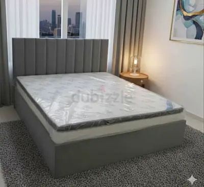 Grey Upholstered Double Bed with Headboard (Good Condition)