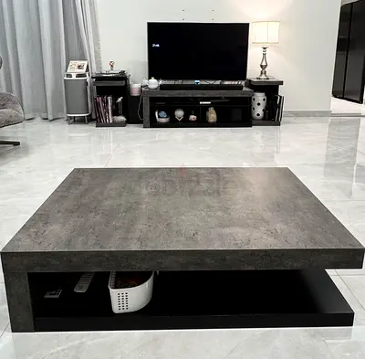 Modern set of concrete-look TV stand, coffee table and side stands with storage