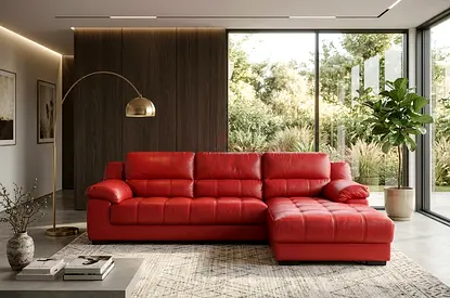Red Leather L-Shaped Corner Sofa - Comfortable 3-Seater with Chaise