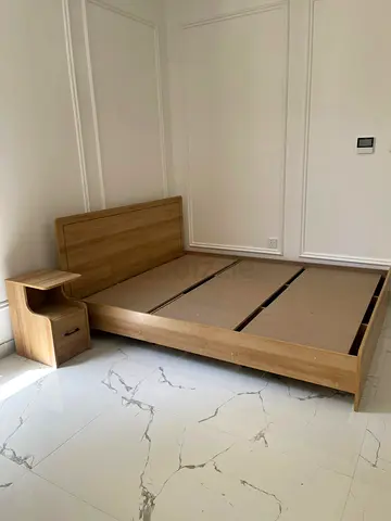 Queen wooden bed frame with matching bedside table - light oak