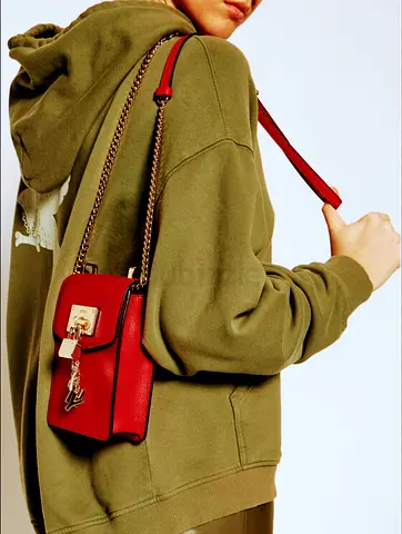 Red leather crossbody bag with chain strap - compact shoulder purse