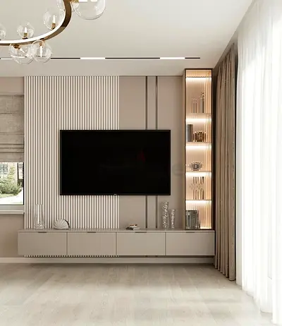 Wall-mounted TV Unit with Built-in Shelving — Modern Beige Finish