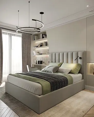 Modern upholstered platform bed with padded headboard - Queen/Double