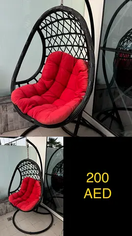 Black Rattan Hanging Egg Chair with Red Cushion - Good Condition
