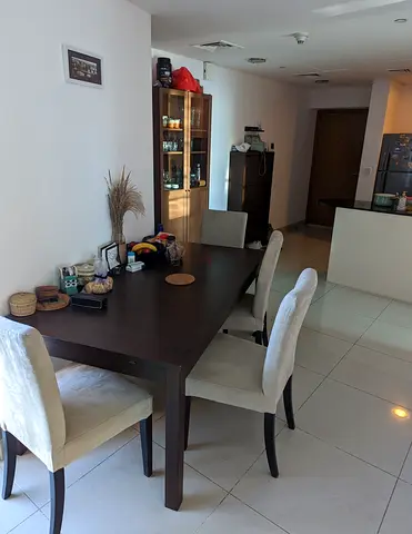 Solid Dark Wood Dining Table with 4 Upholstered Chairs