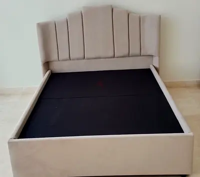 Upholstered Double Bed Frame with Padded Headboard – Light Beige