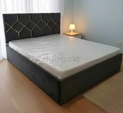 Queen upholstered bed frame with storage and mattress - grey