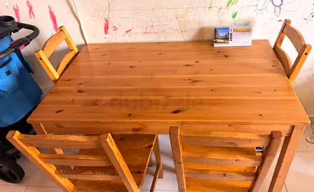Solid Pine Dining Table with 4 Chairs - Good Condition