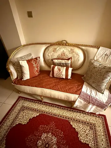 Vintage cream and gold upholstered settee with cushions and matching rug