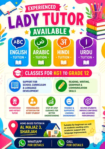 English, Arabic, Hindi  Urdu - Language Tuition Classes for KG1 to Grade 12