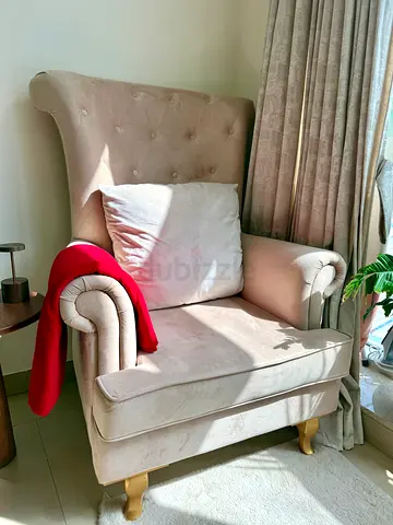 Beige Tufted Wingback Armchair with Cushion and sofa 2 seater
