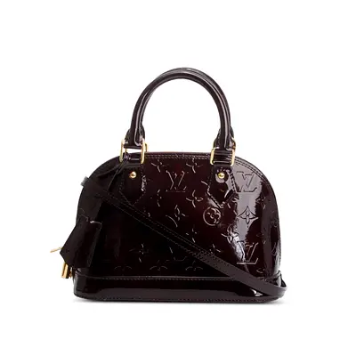 Authentic Louis Vuitton Amarante Monogram Vernis Leather Alma BB w/ Strap