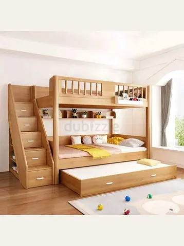 Solid Wood Triple Bunk Bed with Storage and Stairs — Light Oak Finish