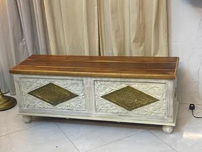 Wooden Storage Chest/Blanket Box with Carved Front and Brass Insets