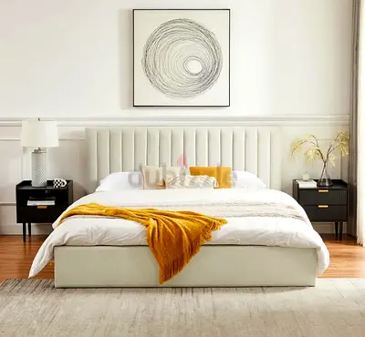 Low Platform Upholstered Bed with Vertical Channel Headboard - King Size