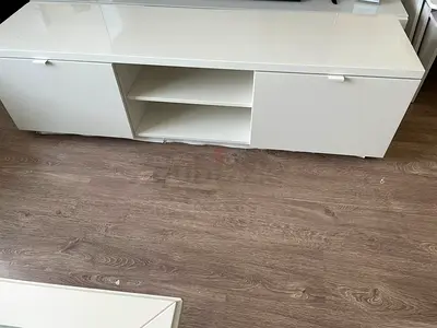 Ikea TV bench, high gloss white, with Storage Shelves