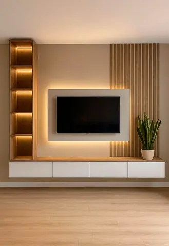 Modern Wall-Mounted Entertainment Unit with LED Backlight and Shelving