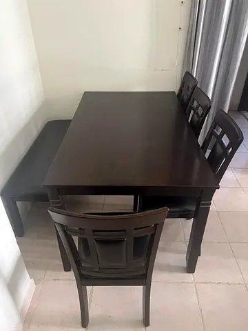 Dark Wood 6 Seater Dining Table with Bench and 4 Chairs