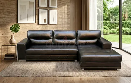 Genuine Black Leather L-Shaped Sofa with Chaise - Excellent Condition
