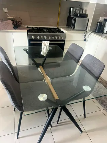 Glass Top Dining Table with 4 Grey Chairs - Modern Set