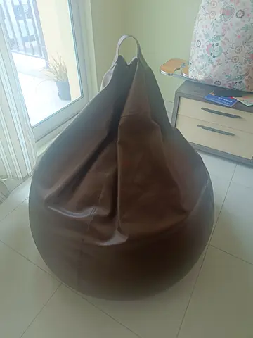 Brown Leather Bean Bag Chair with Carry Handle - Good Condition