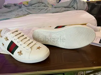 Whites Gucci-style Leather Sneakers with Bee  Star Embroidery - Size: 42