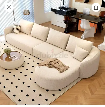 Large Curved Beige Fabric Sofa - 5-Seater Sectional with Chaise