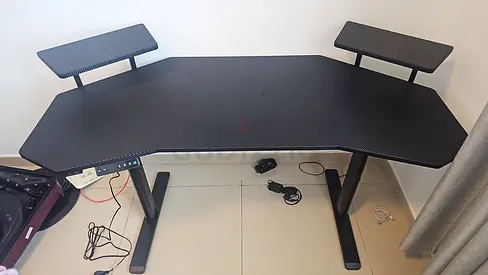 Corner L-shaped Gaming/Work Desk with Dual Raised Monitor Shelves - Black