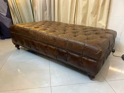 Large Brown Tufted Leather Ottoman / Bench