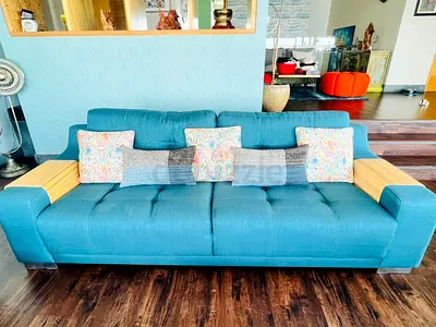 Elegant 4-Piece Sofa Set – Teal  Beige with Small Marble Table FROM-CRATE  BARREL
