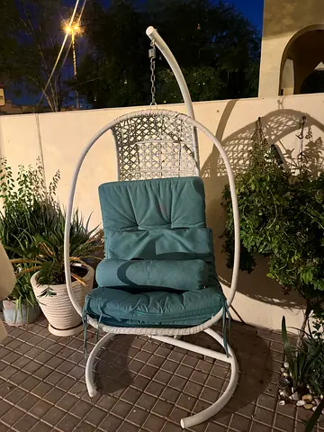 White Hanging Egg Chair with Teal Cushion - Good Condition