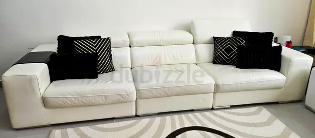 White Leather 3-Seater Sofa with Black Cushions - Excellent Condition
