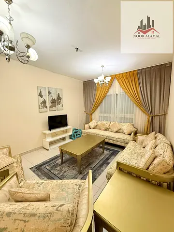 Sharjah, Al Taawun, near Oriana Hospital, furnished apartment, super deluxe, second occupancy, master bedroom, living room, kitchen, two bathrooms, an