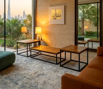 rustic wooden and black metal industrial-style coffee and side tables.