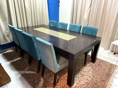Large Dark Wood Dining Table with 8 Blue Velvet Chairs - Good Condition