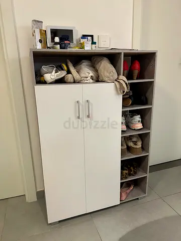 Compact Shoe Cabinet with Open Shelves - White/Grey