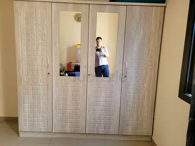 Large 4-Door Wardrobe with Mirror - Light Wood Finish