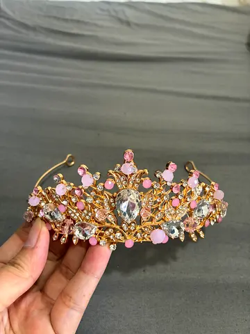 Gold-tone crystal and pink beaded tiara/headband - elegant bridal accessory