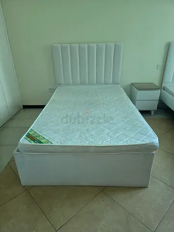 Single Bed Frame with Mattress and Headboard, side table and dressing table
