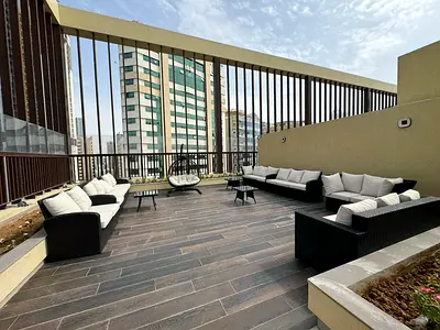 3 bedrooms and a living room, first occupancy, for rent in Al Majaz 3. Open city view, large balcony, maid's room (master), 5 bathrooms, central air c