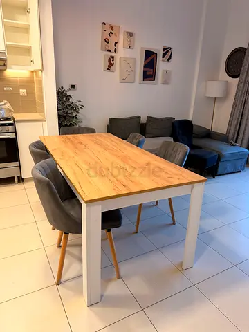 Solid Wood Dining Table - Modern Light Oak Finish, with velvet grey chairs