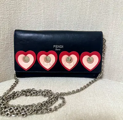 Fendi-STYLE  black leather wallet on chain with heart studs —
