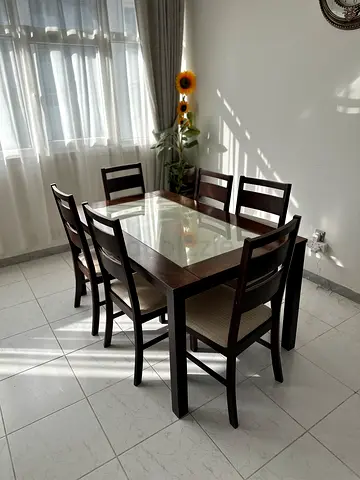 Solid Wood 6-Seater Dining Table with Glass Top – Dark Finish