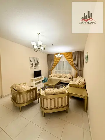 Sharjah, Al Taawun, near Oriana Hospital, furnished apartment, super deluxe, second occupancy, master bedroom, living room, kitchen, two bathrooms, an