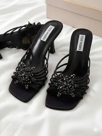 Steve Madden black beaded strappy heeled mules, size unknown - gently used