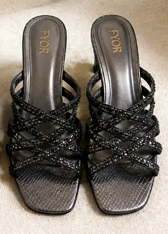 Black Strappy Slip-On Heeled Sandals (Size not specified) by FYOR