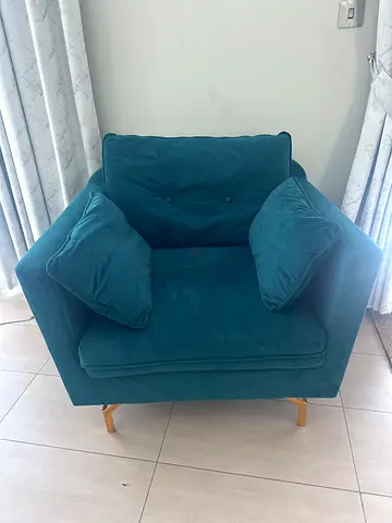 Teal Velvet Armchair with Wooden Legs - Good Condition