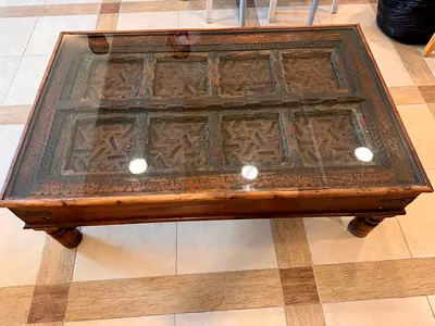 Marina Homw Solid Wooden Carved Coffee Table with Glass Top