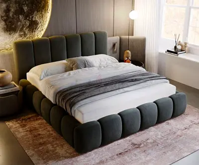 Modern Upholstered Platform Bed with Padded Headboard (King) - Dark Gray